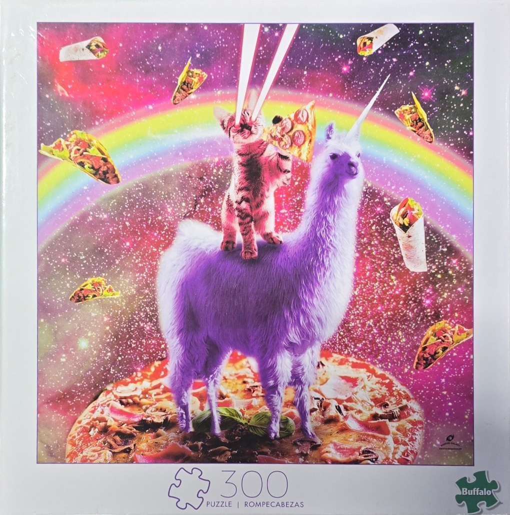 A surreal space scene featuring a purple llama carrying a kitten firing laser beams at a slice of pepperoni pizza.