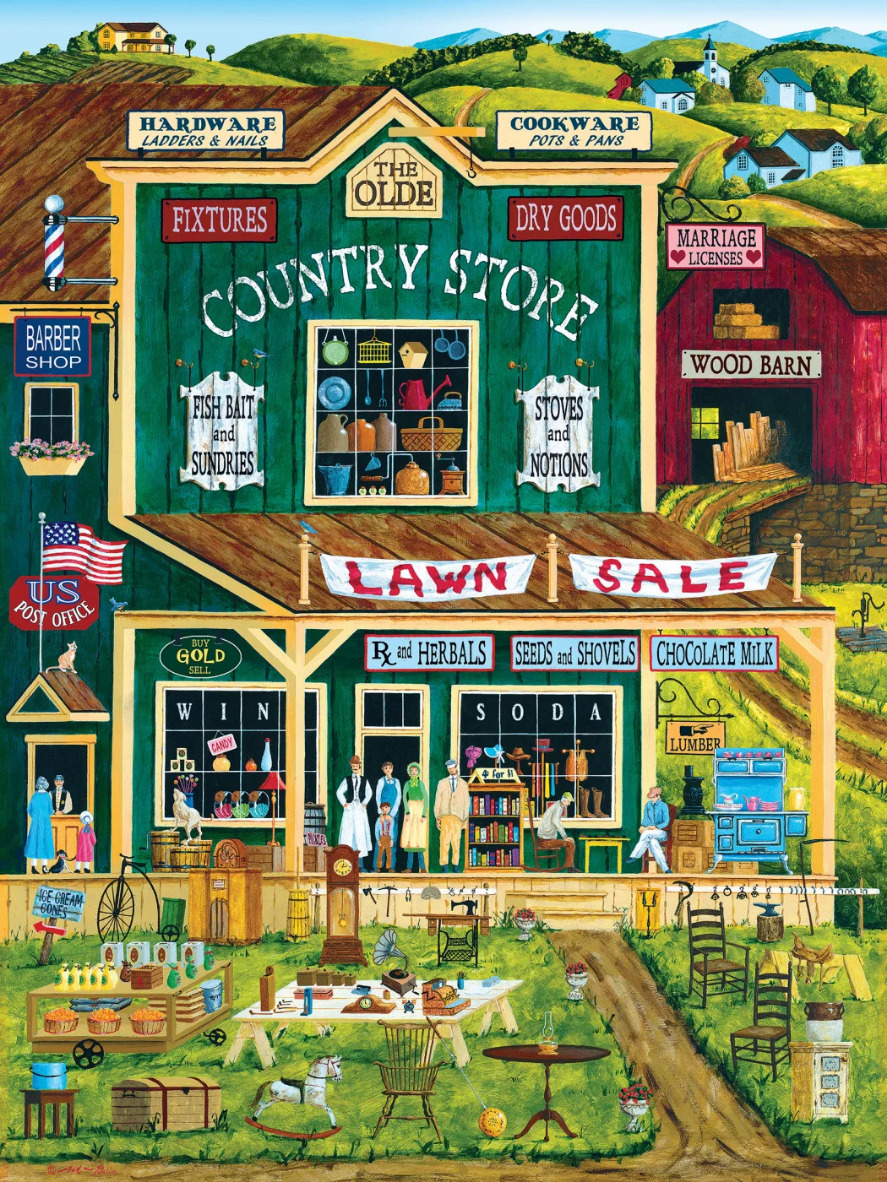 Folk art illustration of a country store during a lawn sale with various antiques and goods on display.