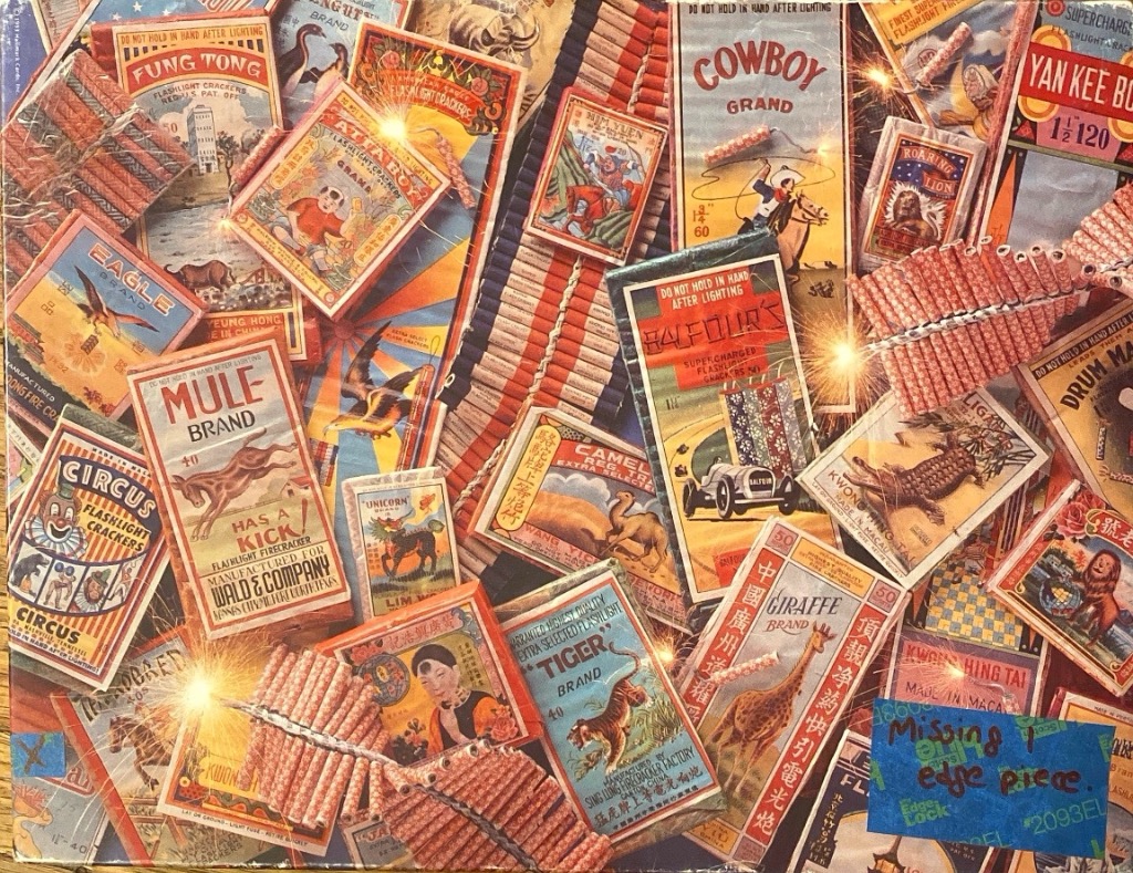 A collage of vintage firecracker label boxes and scattered firecracker strings.