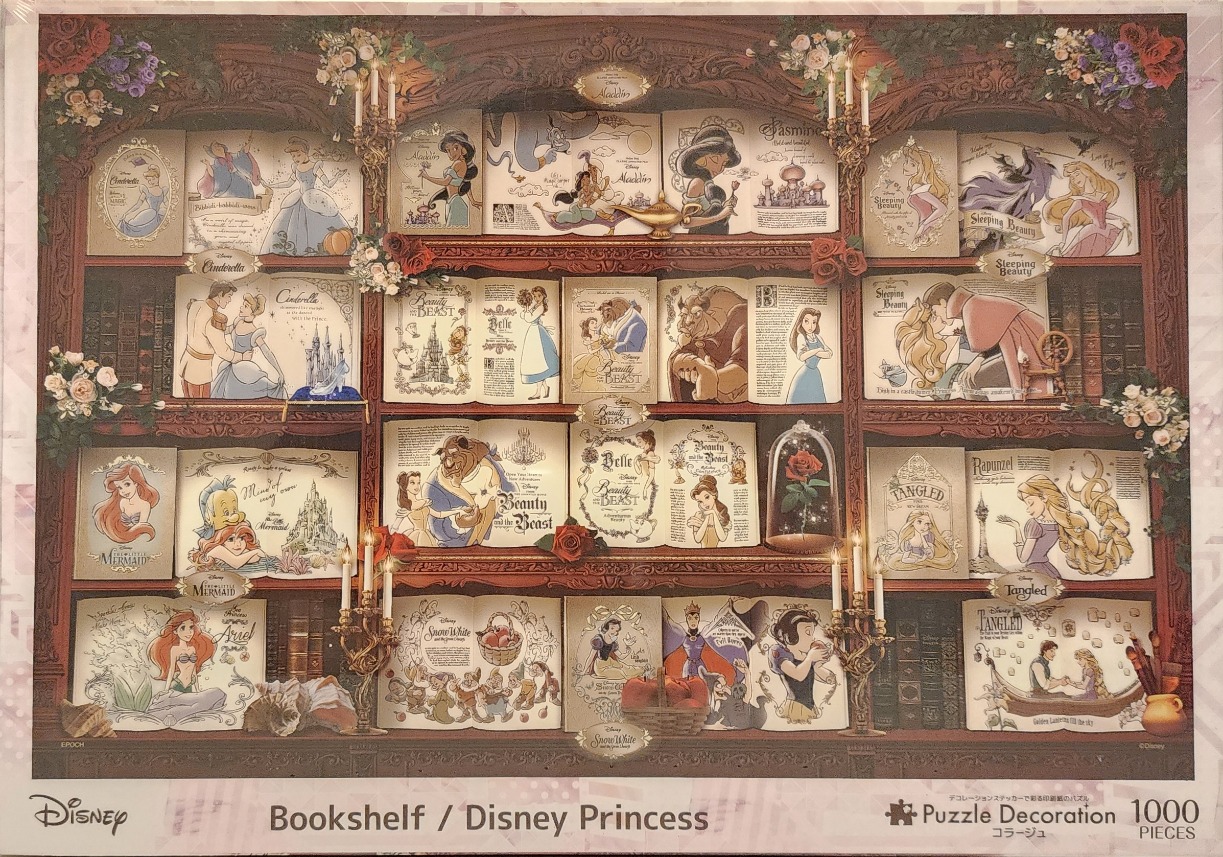 Illustration of an ornate bookshelf displaying open storybooks featuring various Disney princesses and scenes.