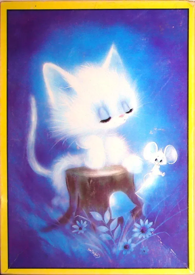 A whimsical illustration of a fluffy white kitten sitting on a tree stump with a tiny white mouse.