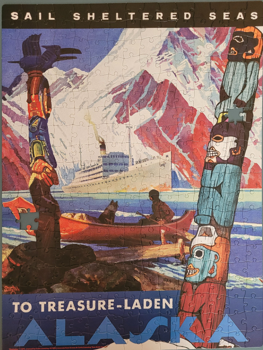 Vintage travel poster for Alaska featuring totem poles, a cruise ship, and snowy mountains.