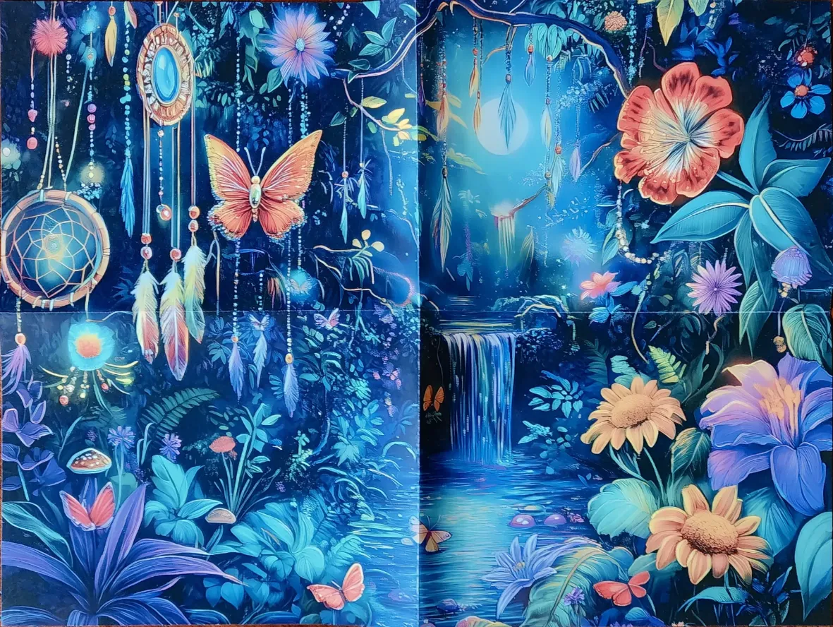 An enchanting forest at night with a waterfall, dreamcatchers, butterflies, and oversized glowing flowers.