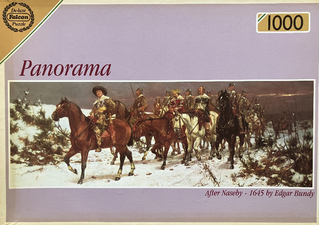 Oil painting of a cavalcade of soldiers on horseback traveling through a snowy landscape after the Battle of Naseby.