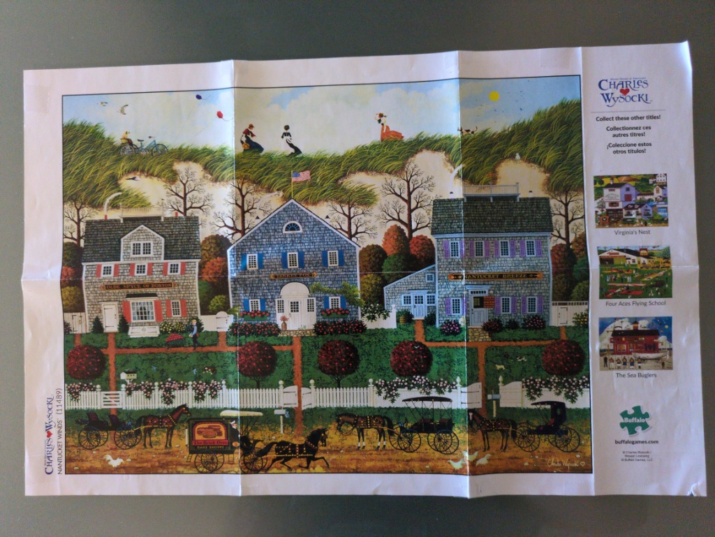 A folk art illustration of three coastal houses with horse-drawn carriages in the foreground and figures on sand dunes.