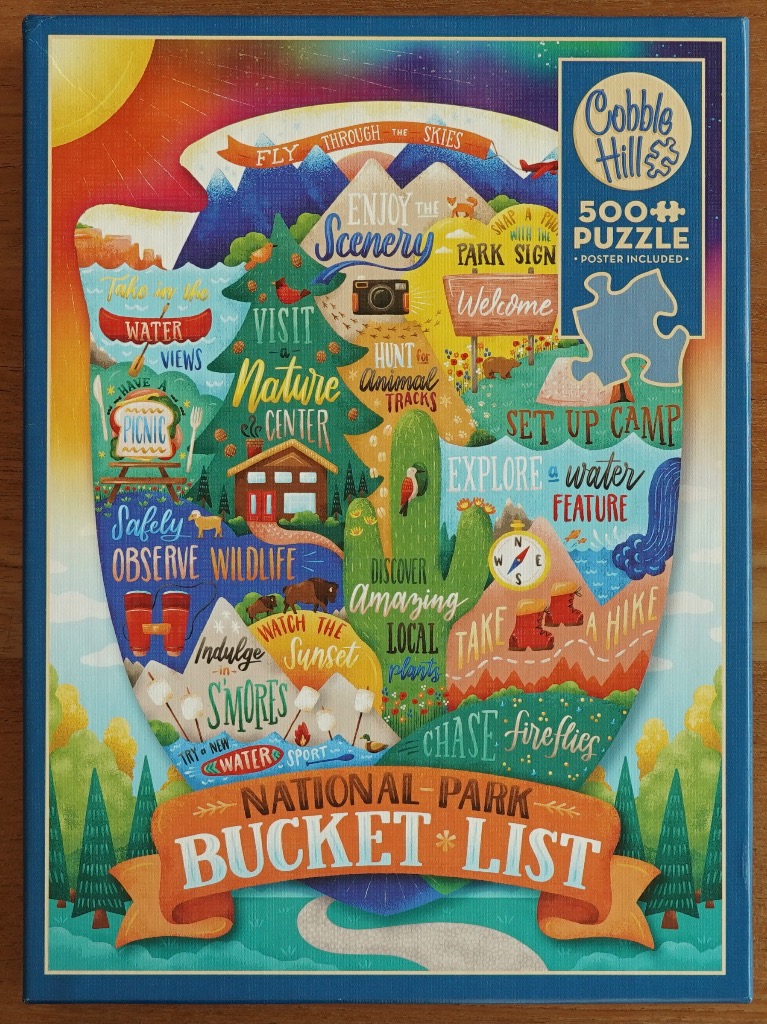 Illustrated map collage in the shape of a pine tree featuring various outdoor activities and nature scenes.
