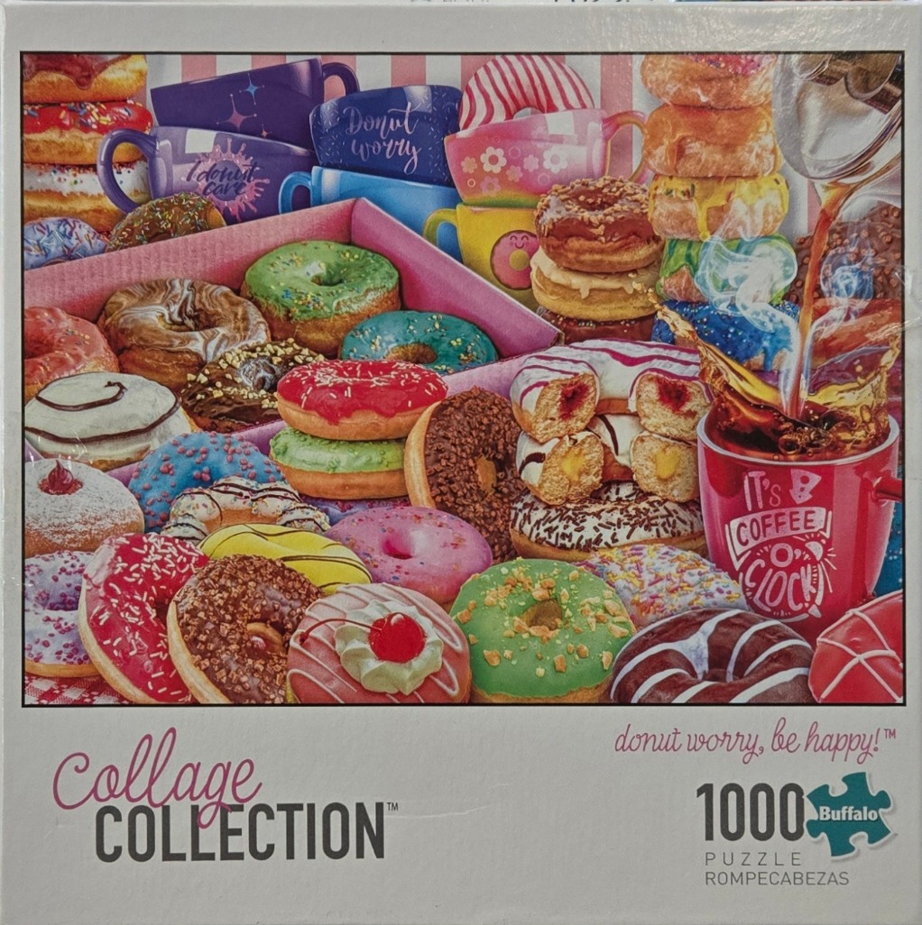 A collage of various colorful frosted donuts, mugs, and coffee being poured.