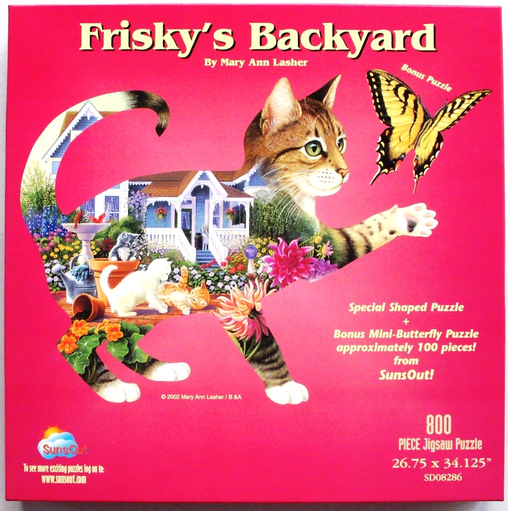 A silhouette of a cat containing a garden scene with kittens and a house, with a large butterfly nearby on a pink background