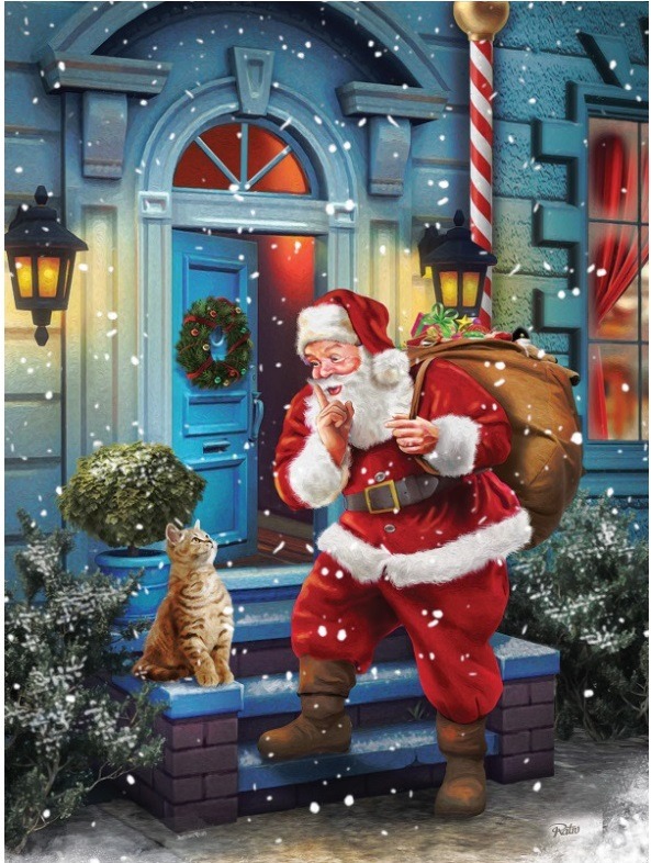 Santa Claus whispering to a tabby cat on a snow-covered porch at night