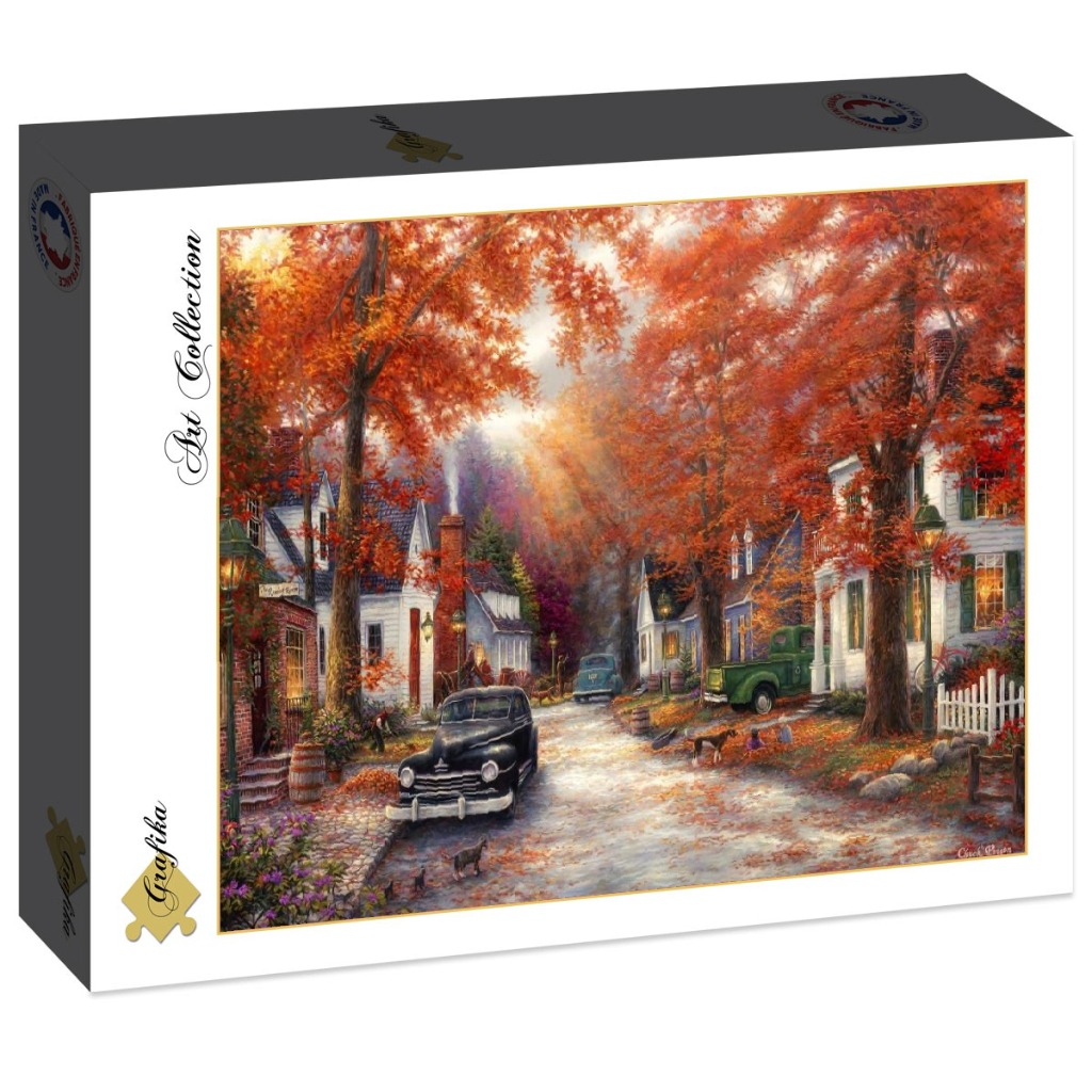 A nostalgic autumn street scene with antique cars, white houses, and vibrant orange maple trees.