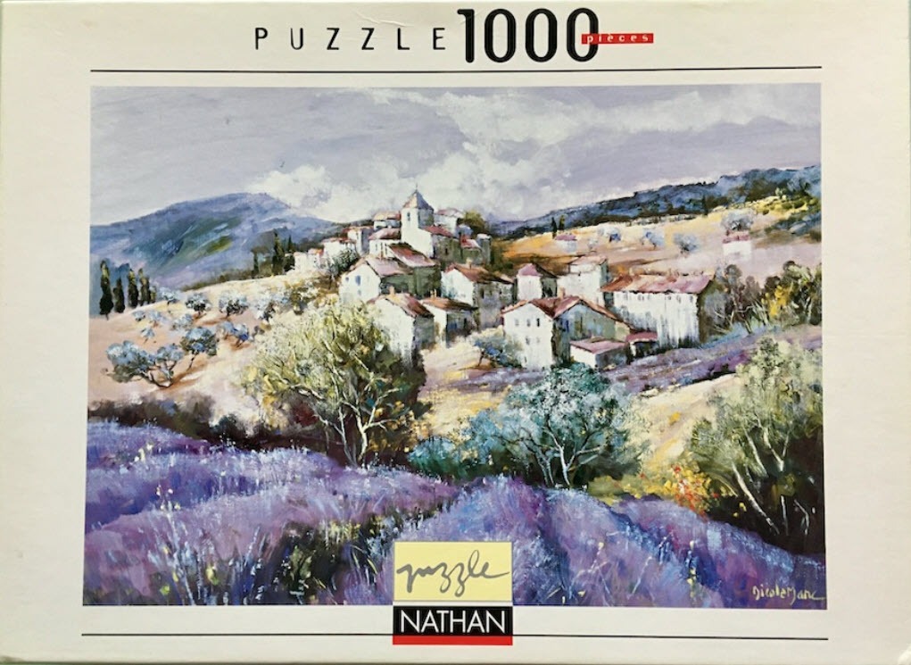 An oil painting of a French Provencal village nestled among lavender fields and rolling hills under a cloudy sky.