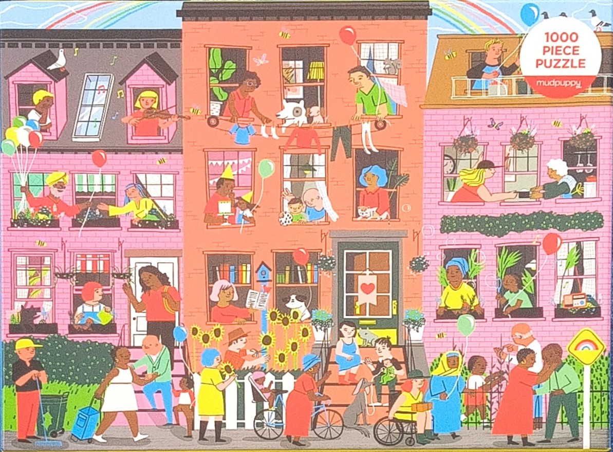 A colorful, detailed illustration of a lively urban neighborhood scene with diverse people in and around three townhouses.
