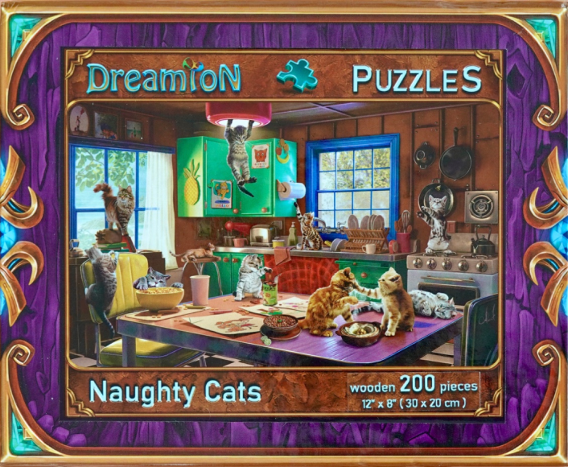 A whimsical illustration of many cats causing mischief in a vintage-style kitchen.