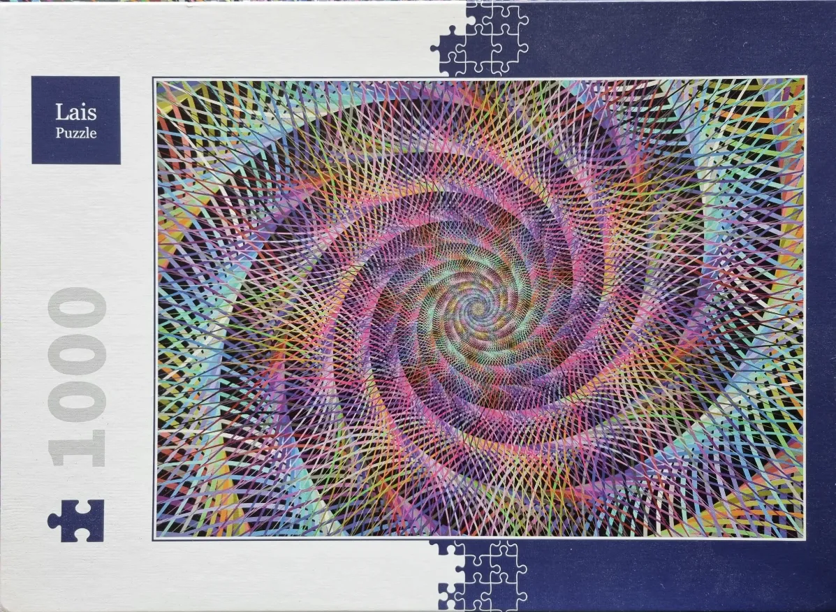 An abstract digital art piece featuring a colorful, swirling geometric spiral pattern.