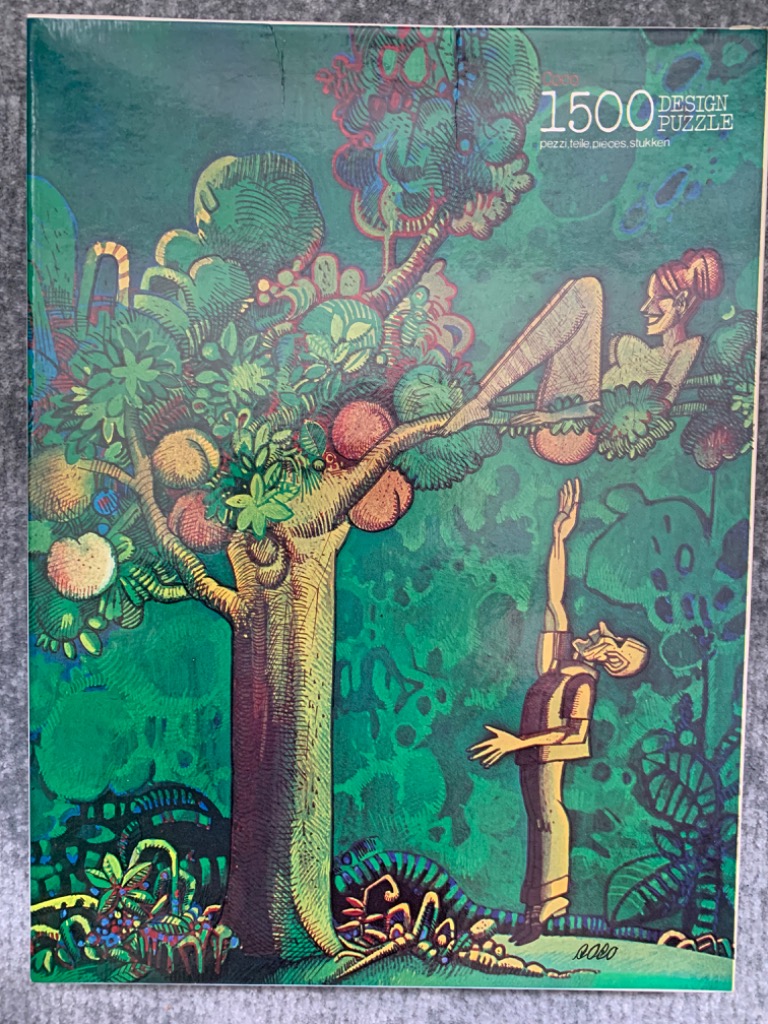 Stylized illustration of a woman in a tree reaching down to a man standing below in a deep green forest.
