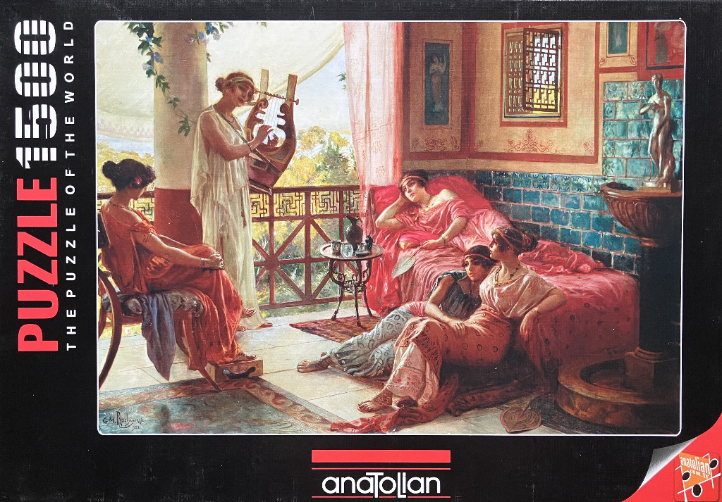 A classical painting of four women in an ornate, Mediterranean-style terrace setting, one playing a lyre.