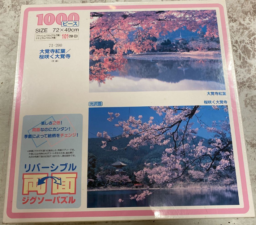 Two photographic scenes of Daikaku-ji temple in Kyoto: one with autumn foliage and one with cherry blossoms.