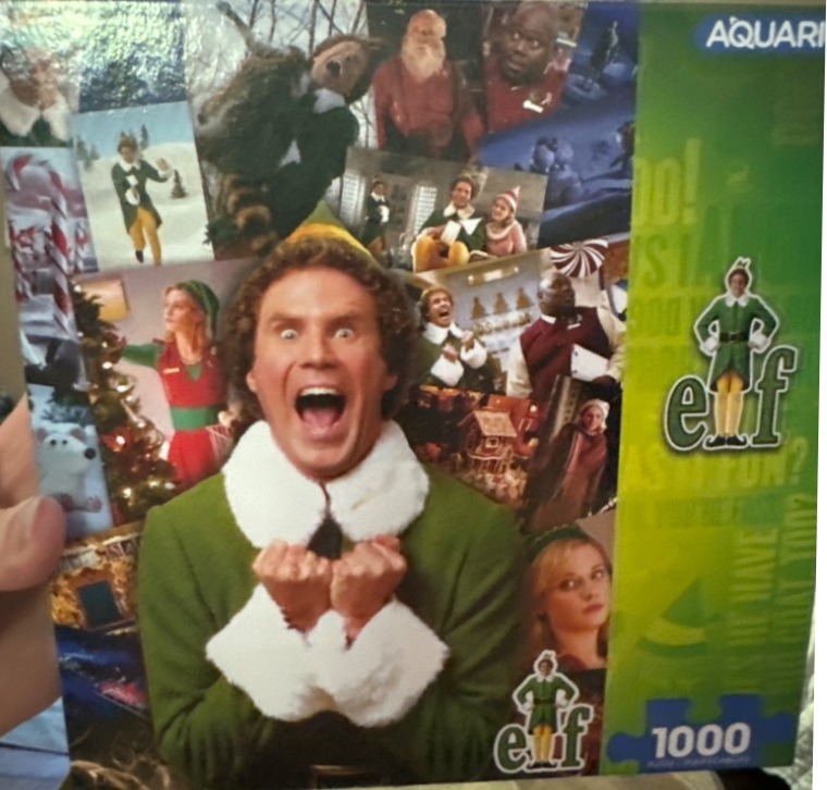 Collage of scenes from the movie Elf featuring Buddy the Elf and other characters.