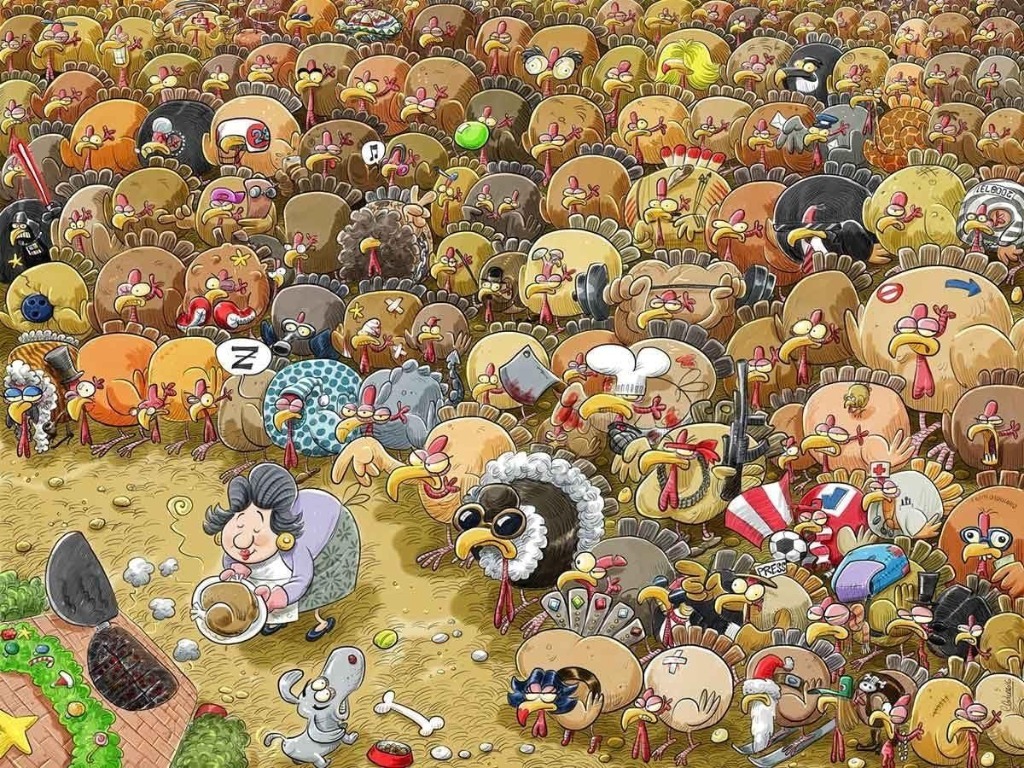 A dense, humorous cartoon scene featuring a large crowd of turkeys and one woman cooking.