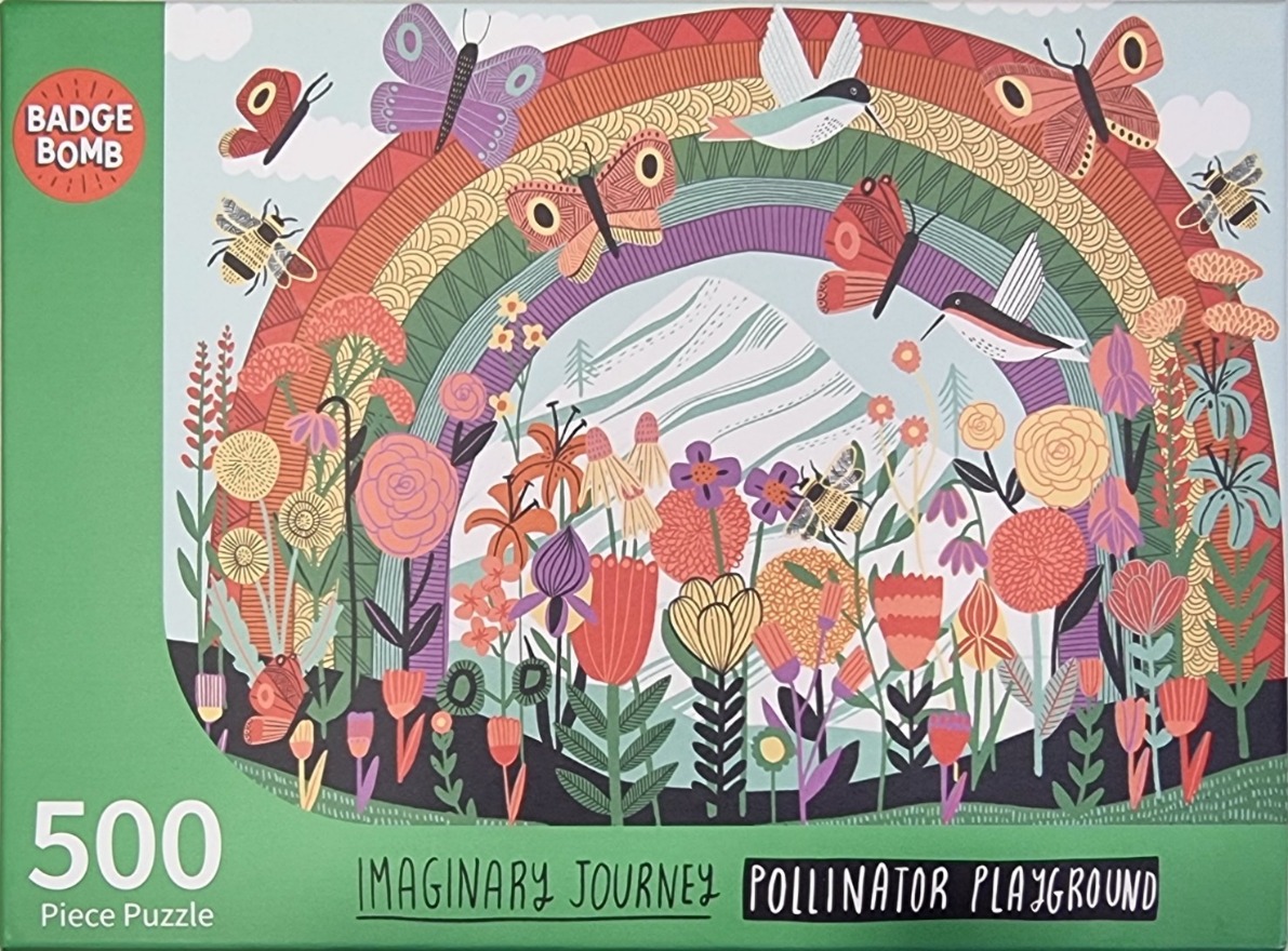 Illustration of a vibrant rainbow, flowers, butterflies, and hummingbirds in a stylized meadow.
