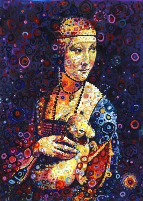 A pointillist-style portrait of a woman holding a small animal, rendered in vibrant, multicolored circular patterns.