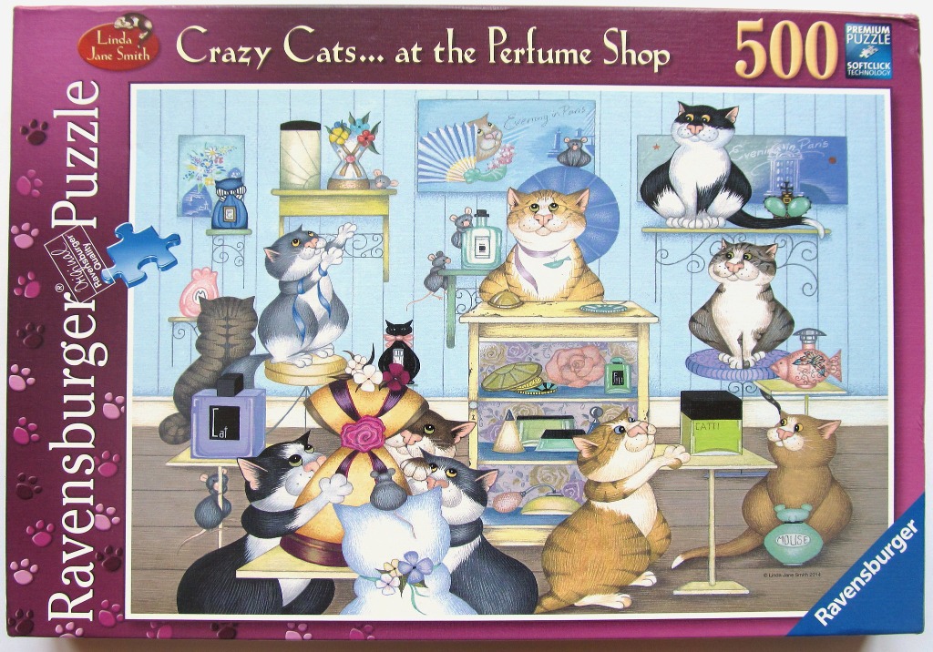 Cartoon illustration of various cats interacting with perfume bottles in a shop setting.