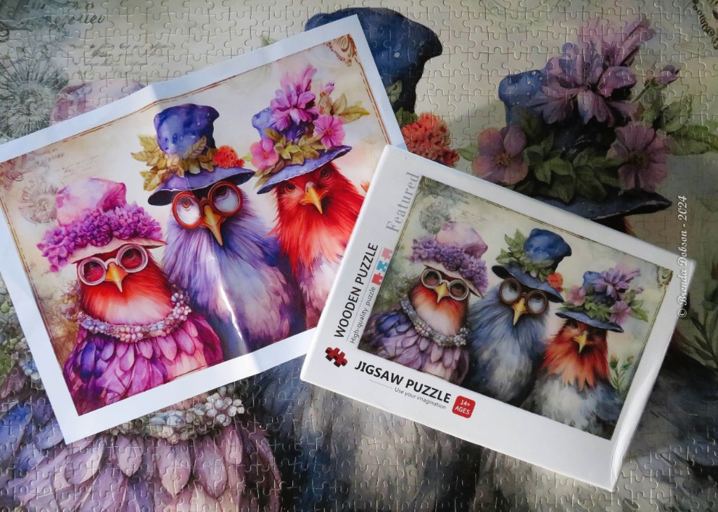 Three whimsical birds wearing floral hats and round glasses, presented on a partially assembled background.