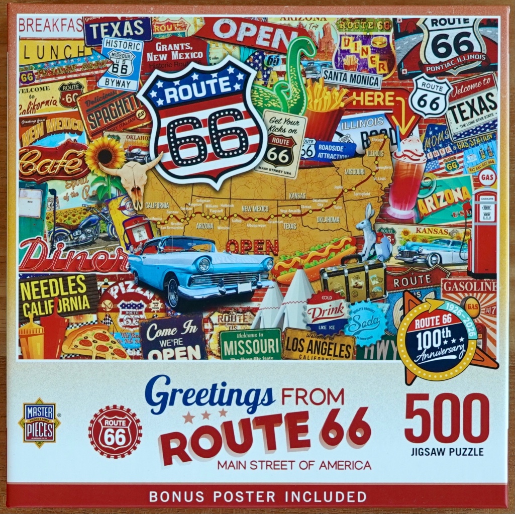 A collage of Route 66 memorabilia, vintage signs, a classic blue car, and a map of the United States.