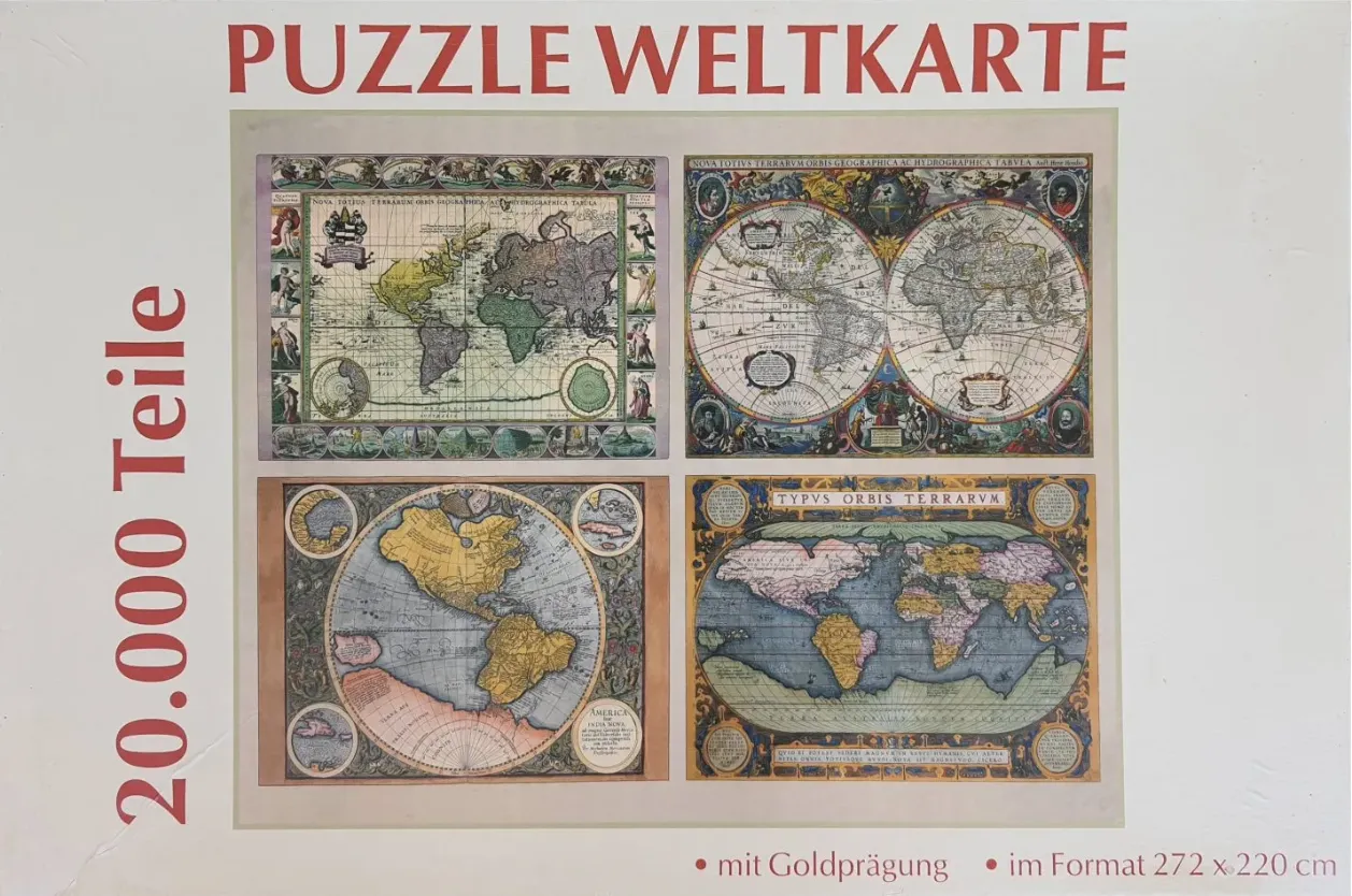 Four historical world maps arranged in a grid with intricate decorative borders.