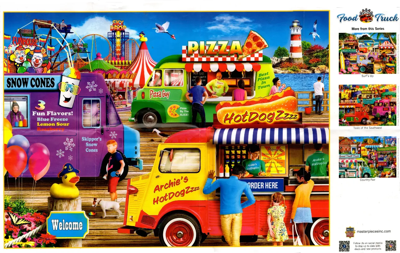 A lively boardwalk scene features colorful food trucks serving pizza, hot dogs, and snow cones near an amusement park.