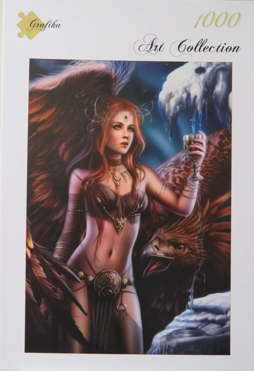 A fantasy illustration of a red-haired woman with large wings standing next to a giant eagle holding a chalice.