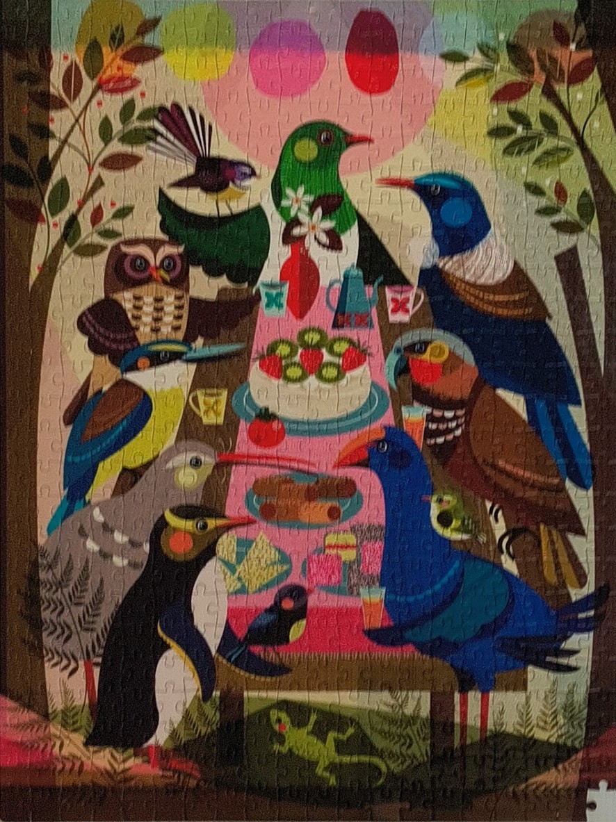 An illustration of various colorful birds having an afternoon tea party in a forest setting.