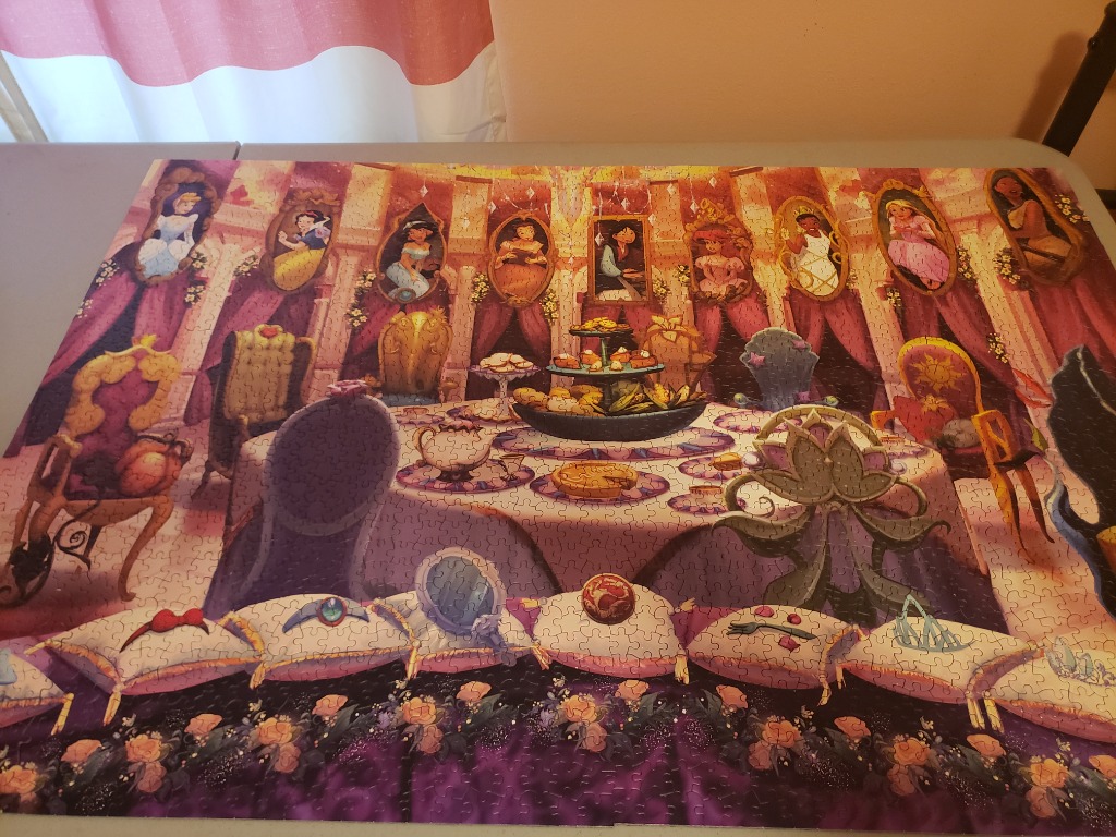 A whimsical illustration of a tea party hosted for famous storybook princesses.