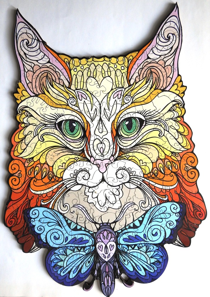 Stylized illustration of a ginger cat head with a large blue butterfly resting on its chest