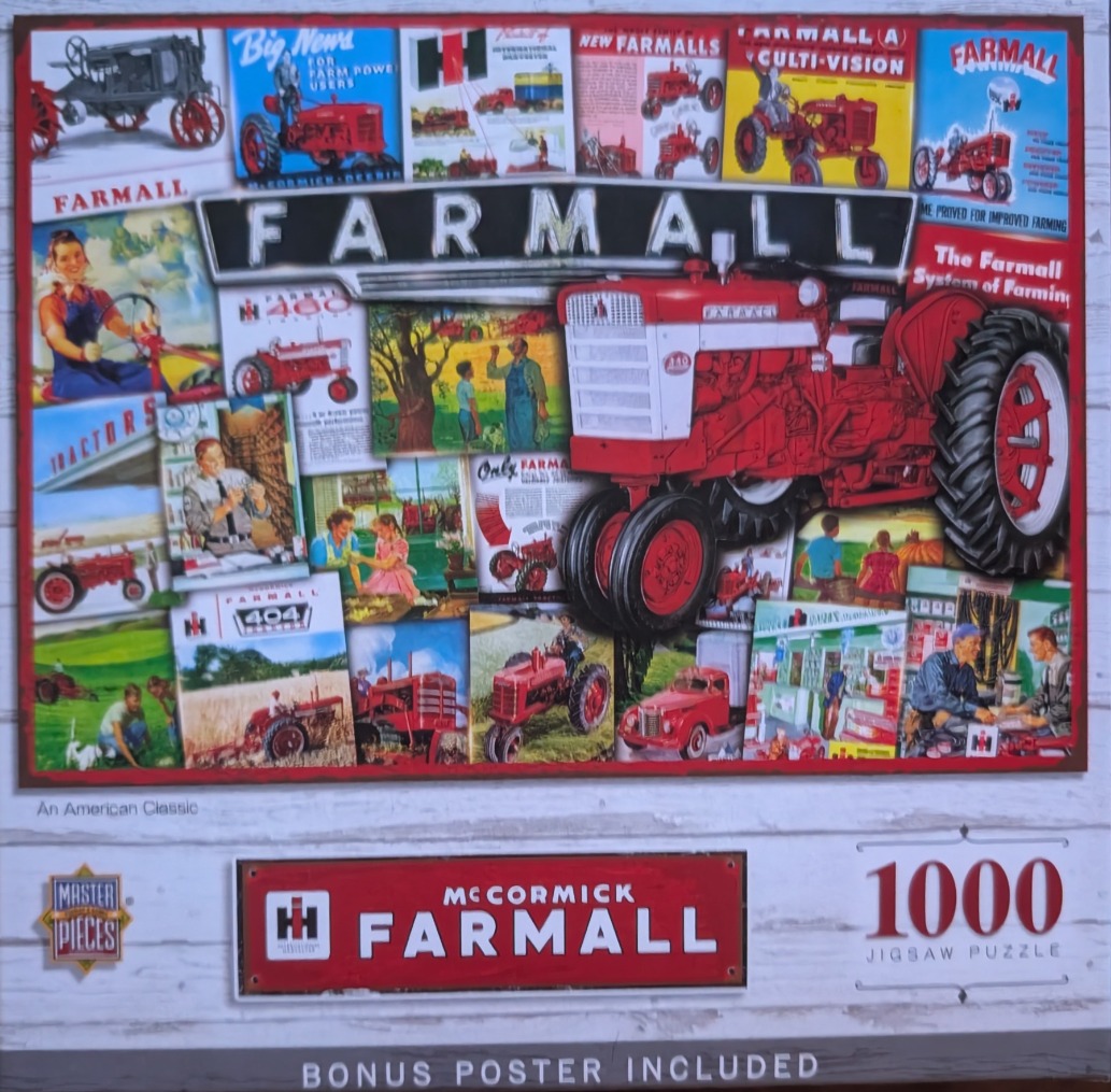 A collage of vintage Farmall tractor advertisements, brochures, and illustrations featuring red tractors and agricultural sce