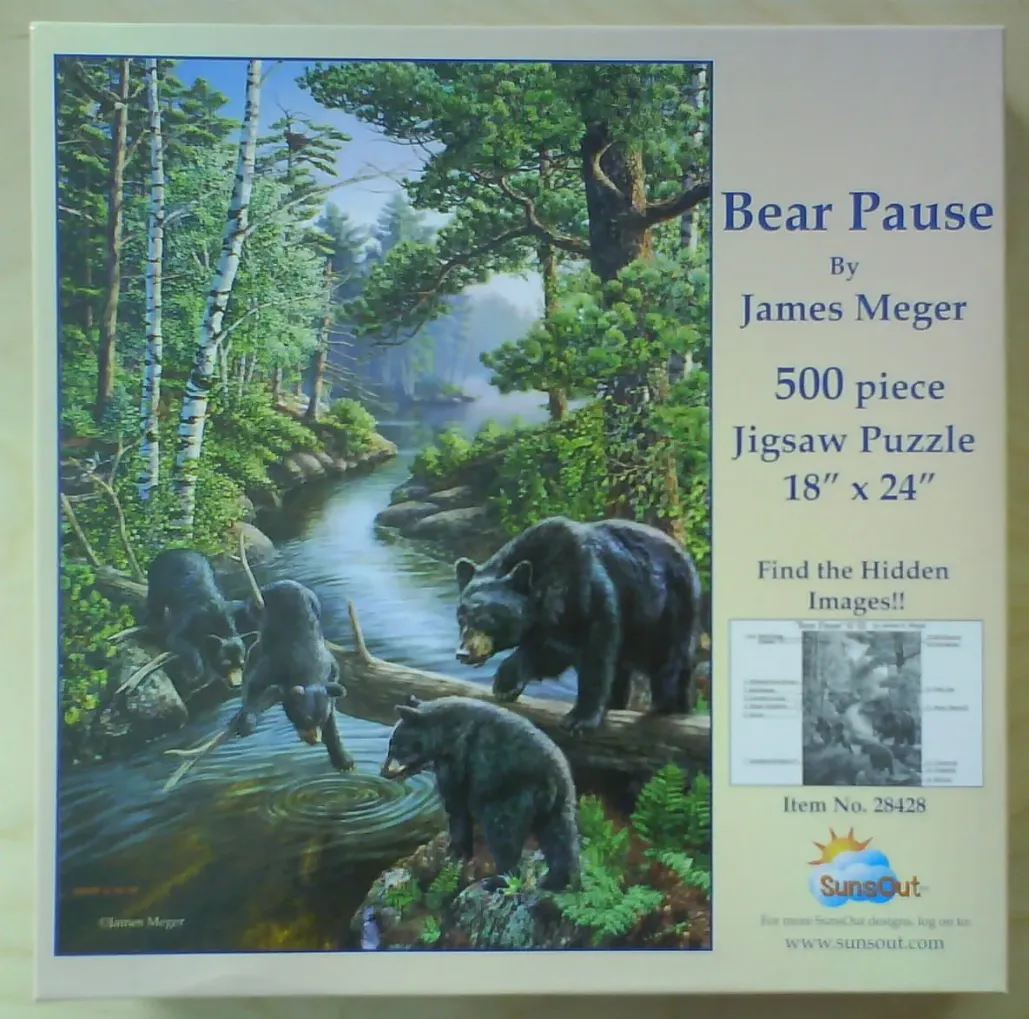 A realistic wildlife painting of black bears near a forest stream.