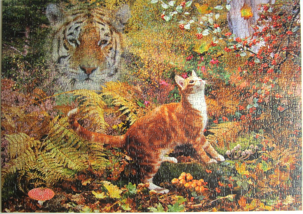 A tabby cat in an autumn forest looking up at a ghostly, ethereal tiger face superimposed in the foliage.
