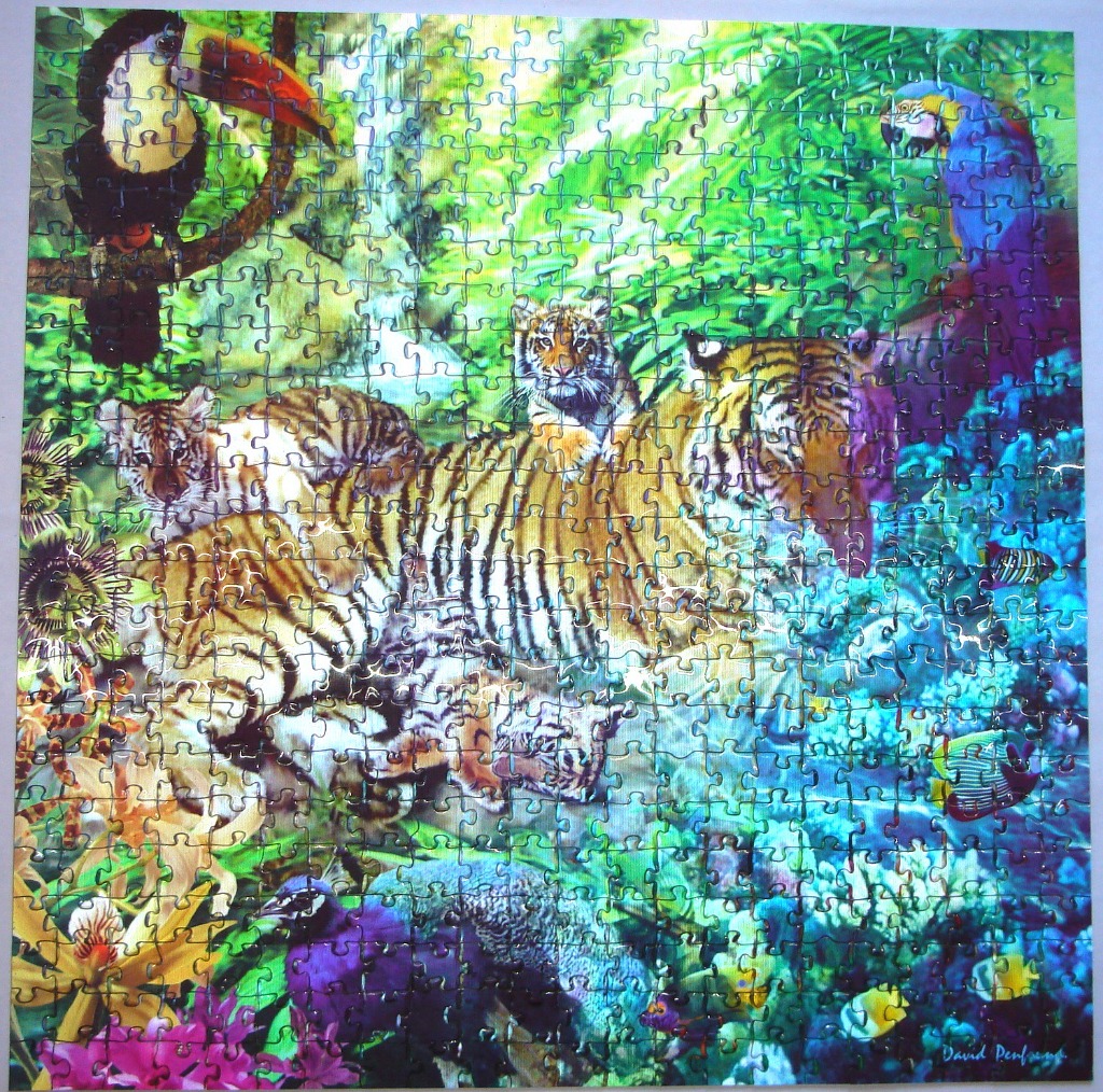 A surreal illustration featuring a tiger family in a lush jungle setting that transitions into an underwater coral reef.