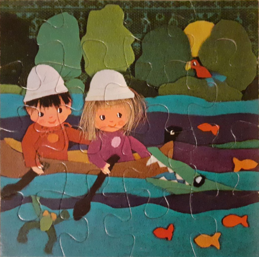 A whimsical illustration of two children in a boat on a river with a crocodile and fish.