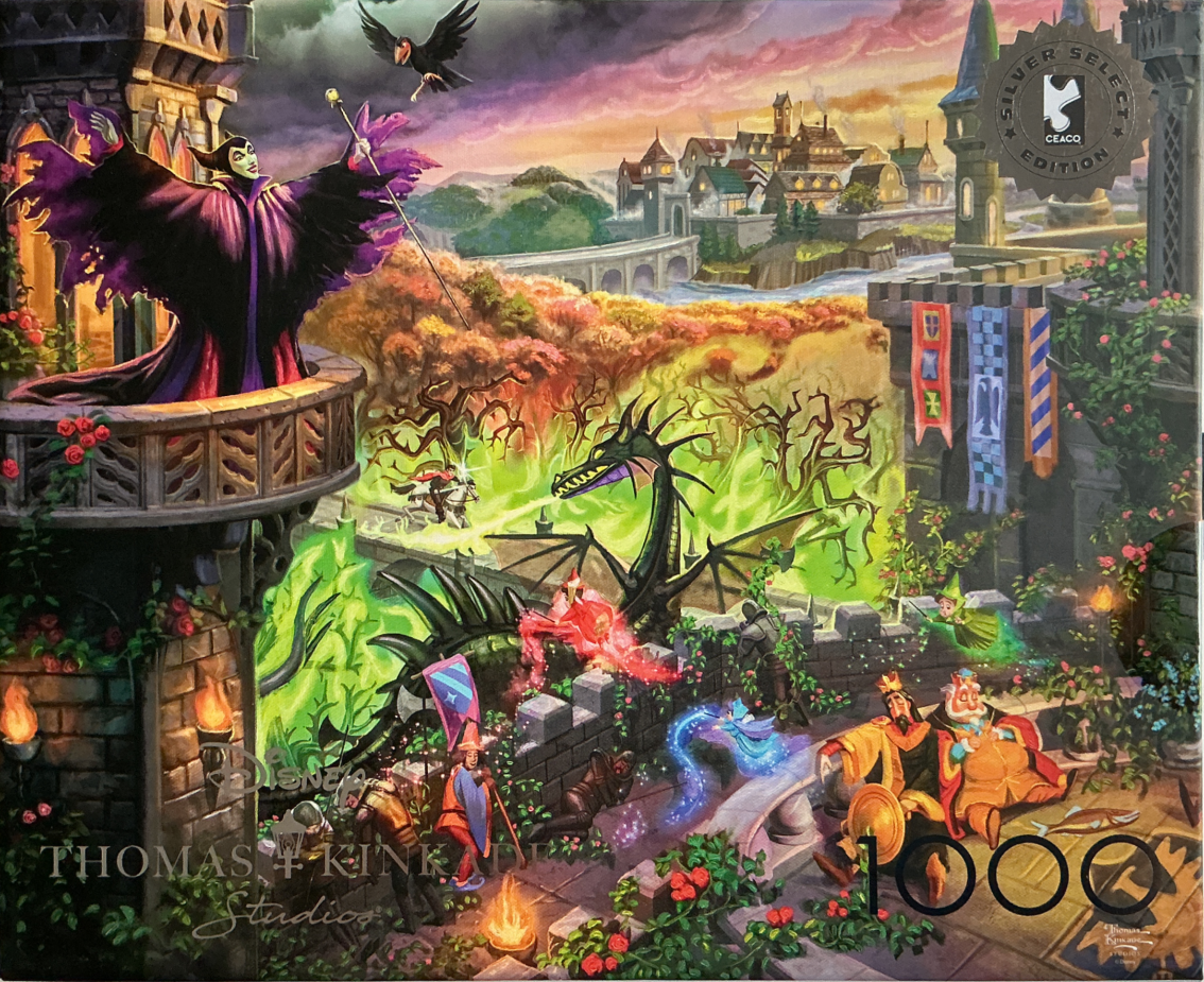 Maleficent, her dragon form, and castle characters in a vibrant, painterly style scene.