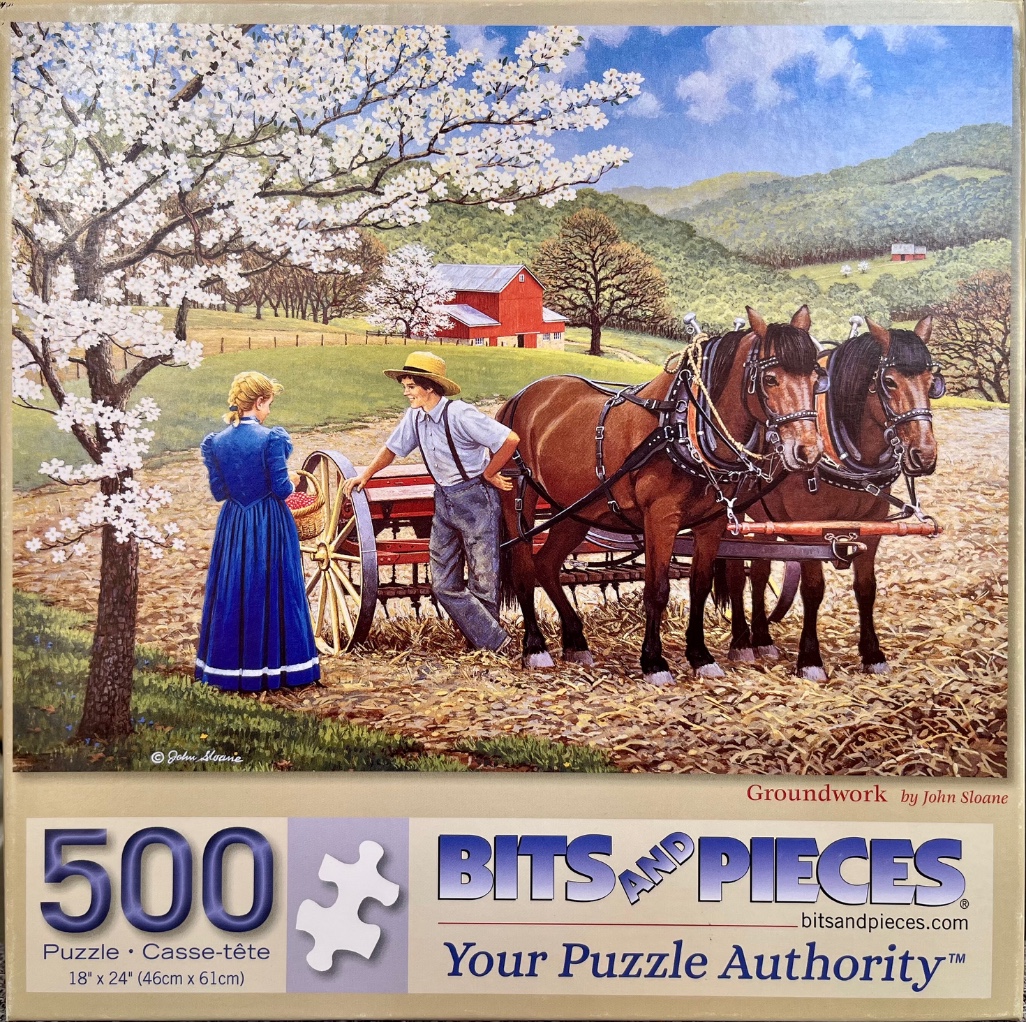 A pastoral painting of a man and woman with a horse-drawn plow on a farm during spring.