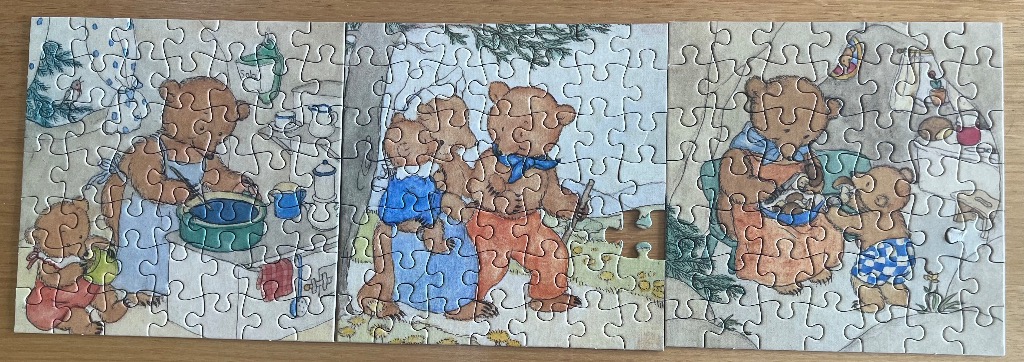 Three-panel illustration of a bear family engaged in daily domestic and outdoor activities in a soft, vintage style.