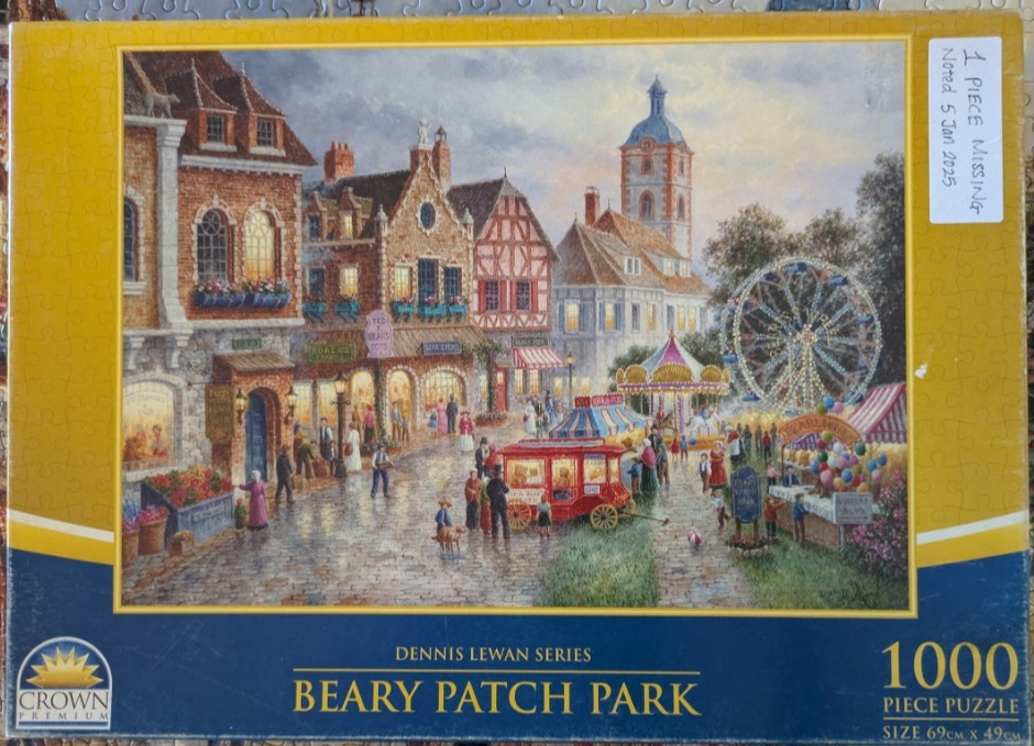 A nostalgic painting of a bustling town square with a fairground and carnival rides.