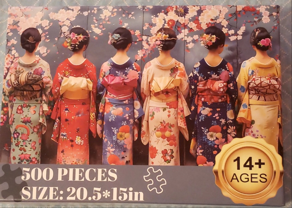 Six women seen from behind, wearing colorful patterned kimonos in front of a backdrop of cherry blossoms.
