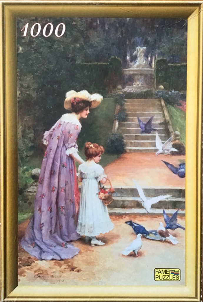 Painting of a woman and child in Victorian clothing feeding a flock of pigeons by a garden fountain.