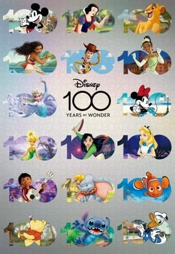 A montage of fifteen classic animated characters set within the negative space of the number 100.