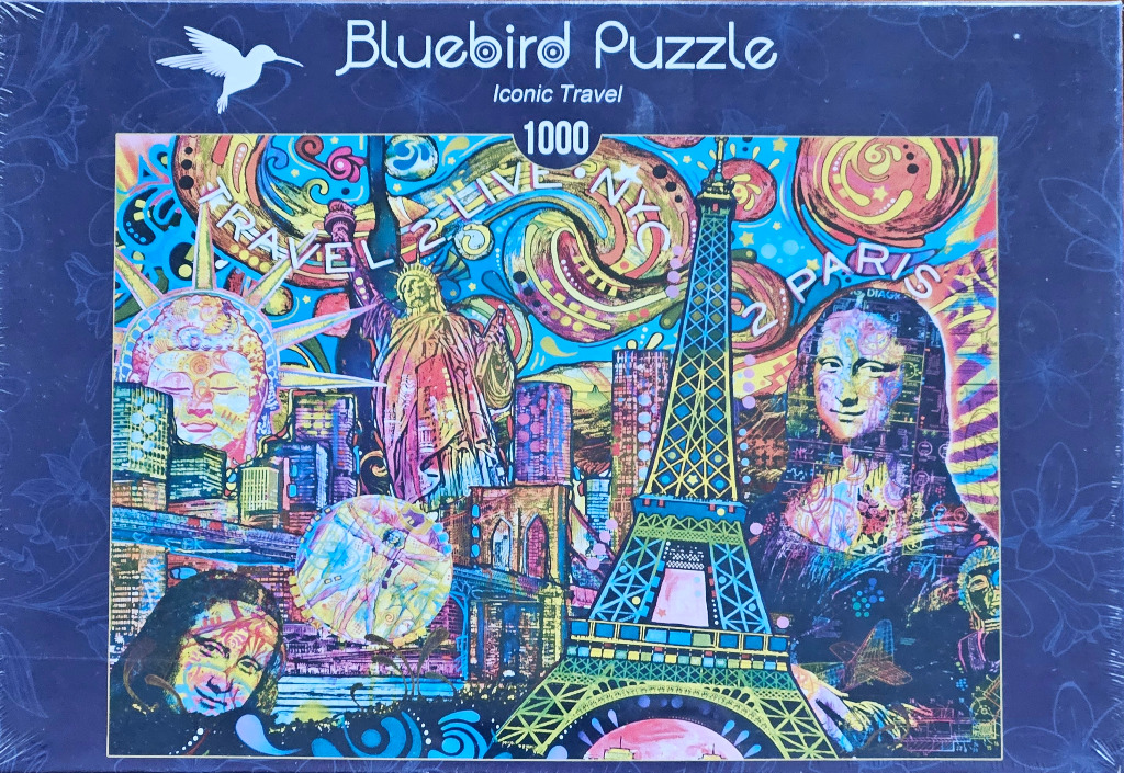 Psychedelic collage art featuring the Statue of Liberty, Eiffel Tower, and Mona Lisa in vibrant, swirling colors.