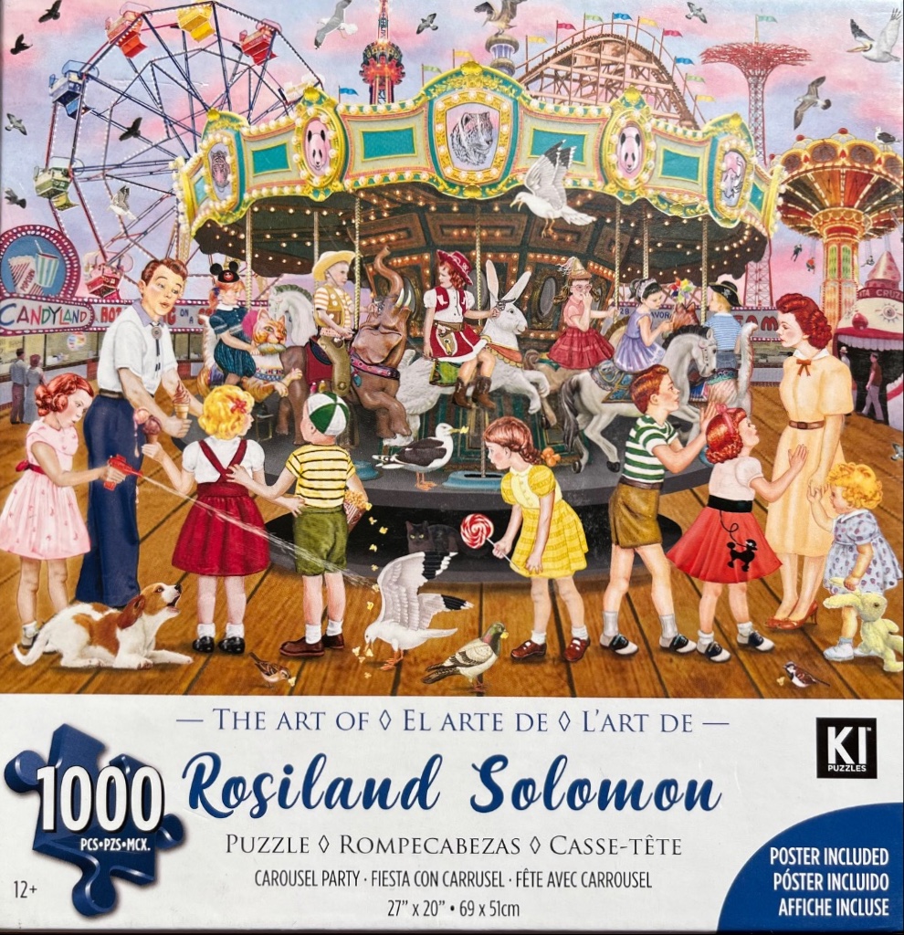 An illustration of children and families enjoying a vintage carousel at a boardwalk amusement park at sunset.