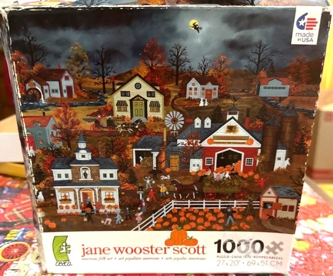Folk art illustration of a nighttime Halloween scene with houses, a farm, and children trick-or-treating.