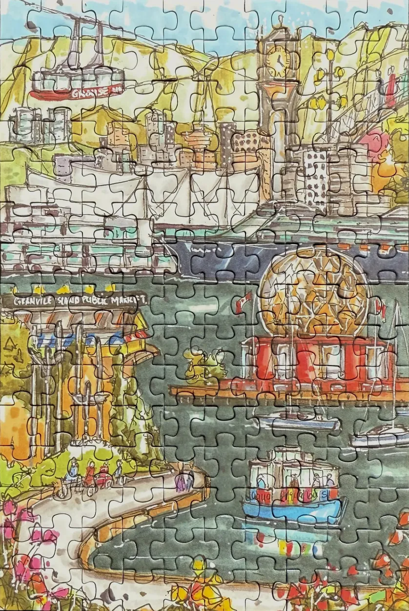 An illustrated, painterly depiction of the Granville Island Public Market and Vancouver waterfront skyline.